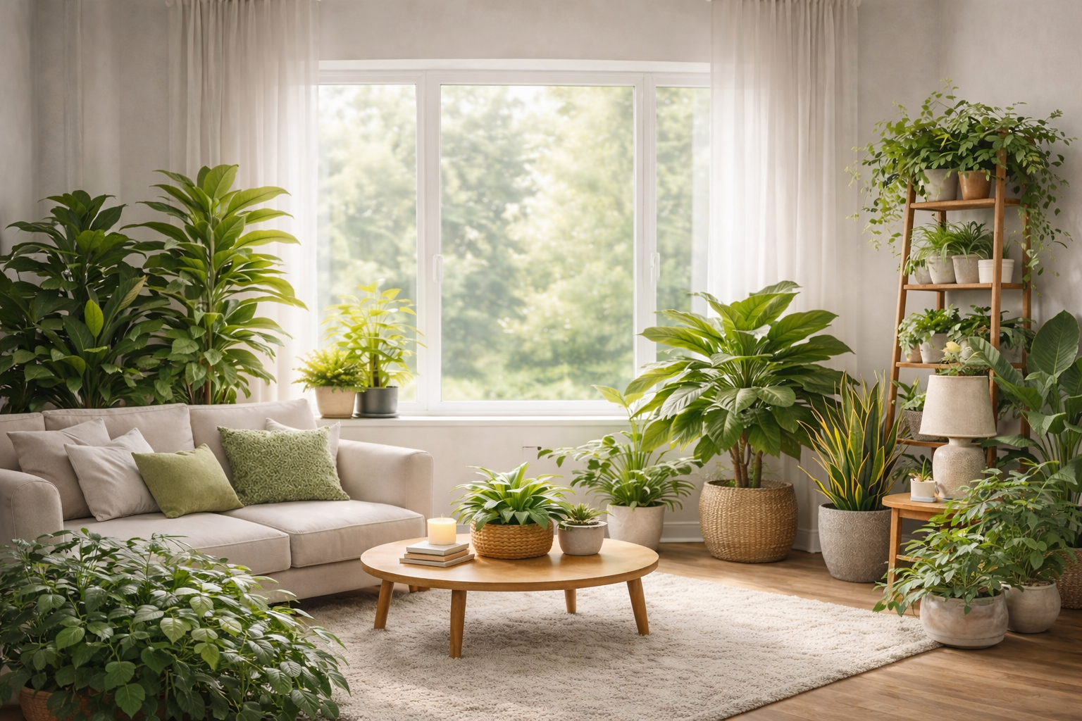 Sfeervolle woonkamer met groene betaalbare kamerplanten en kleine planten