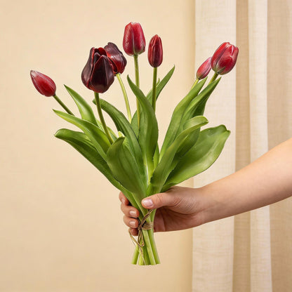 Kunstbloemen - Tulpenboeket Diep Rood - Real Touch - 7 stelen - Hoogte ↕ 42cm