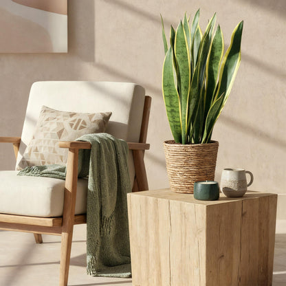 Green BoutiQ - Green is... Kamerplanten - Sansevieria Laurentii - Vrouwentong - Weinig onderhoud - met mand - Groen - 1 Plant - Pot 21cm - Hoogte 70-80cm