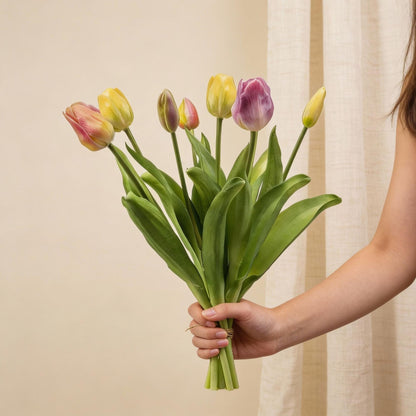 Kunstplant - Tulpenboeket Zachte Lente - Real Touch - 7 stelen - Hoogte ↕ 42cm