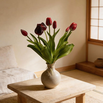 Kunstbloemen - Tulpenboeket Diep Rood - Real Touch - 7 stelen - Hoogte ↕ 42cm